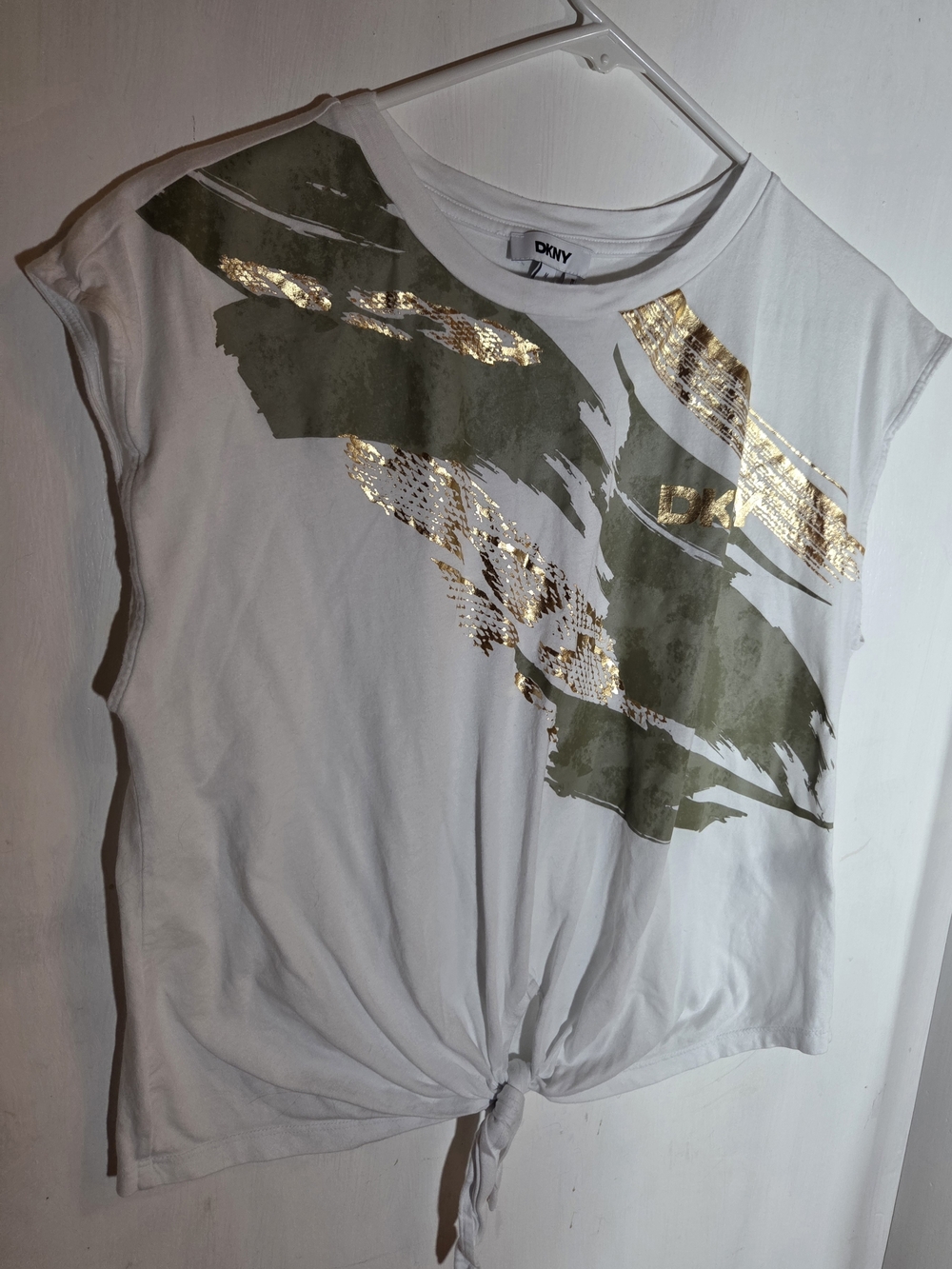 DKNY White Tank with Olive Brushstroke and Gold Foil Accents M